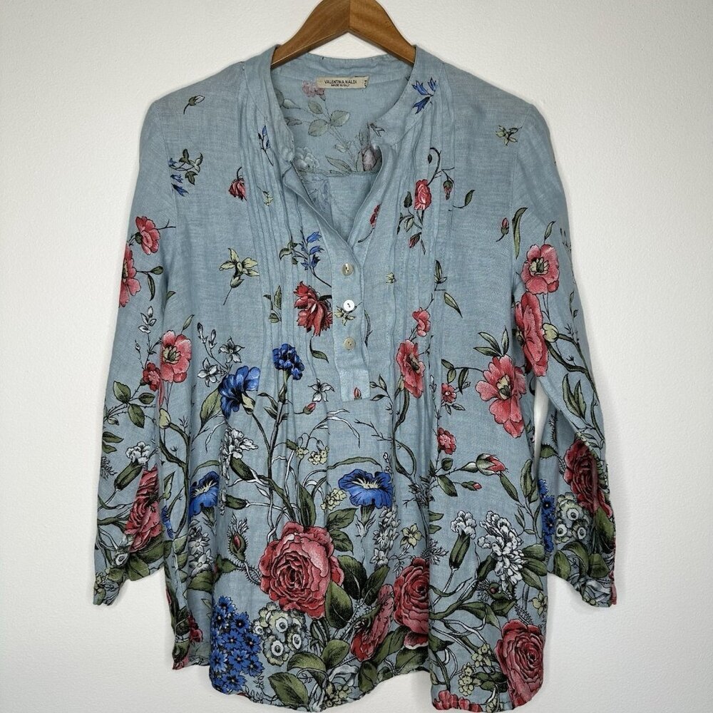 Valentina Naldi Linen‎ Pintuck Popover Top Sz M Blue Floral Boho Peasant